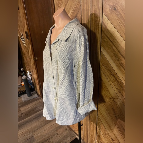 Flax Women’s Large Linen Tan Plaid Print Button Down Long Sleeve Shirt - Picture 4 of 7